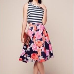Eliza J Floral Navy Pink A-Line Canvas High Waisted Pleated Midi Skirt Size 6
